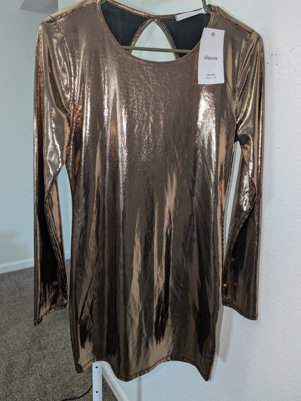 shasa Metallic Bronze Long Sleeve Mini Dress